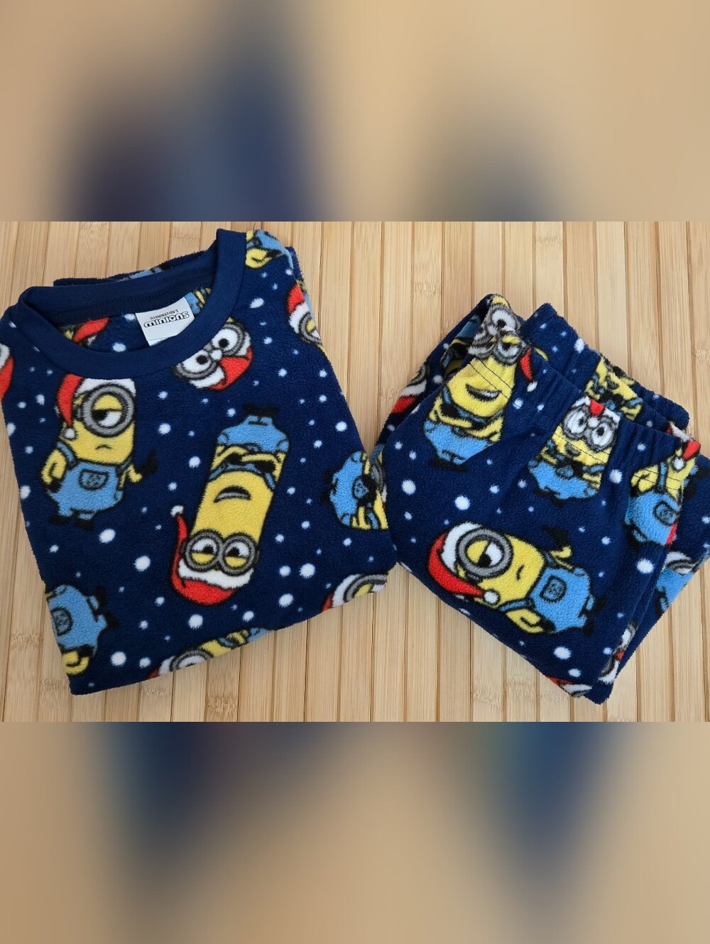 Minions Holiday Fleece Pajama Set - Navy Blue Santa Hat Print - Size L (10/12)